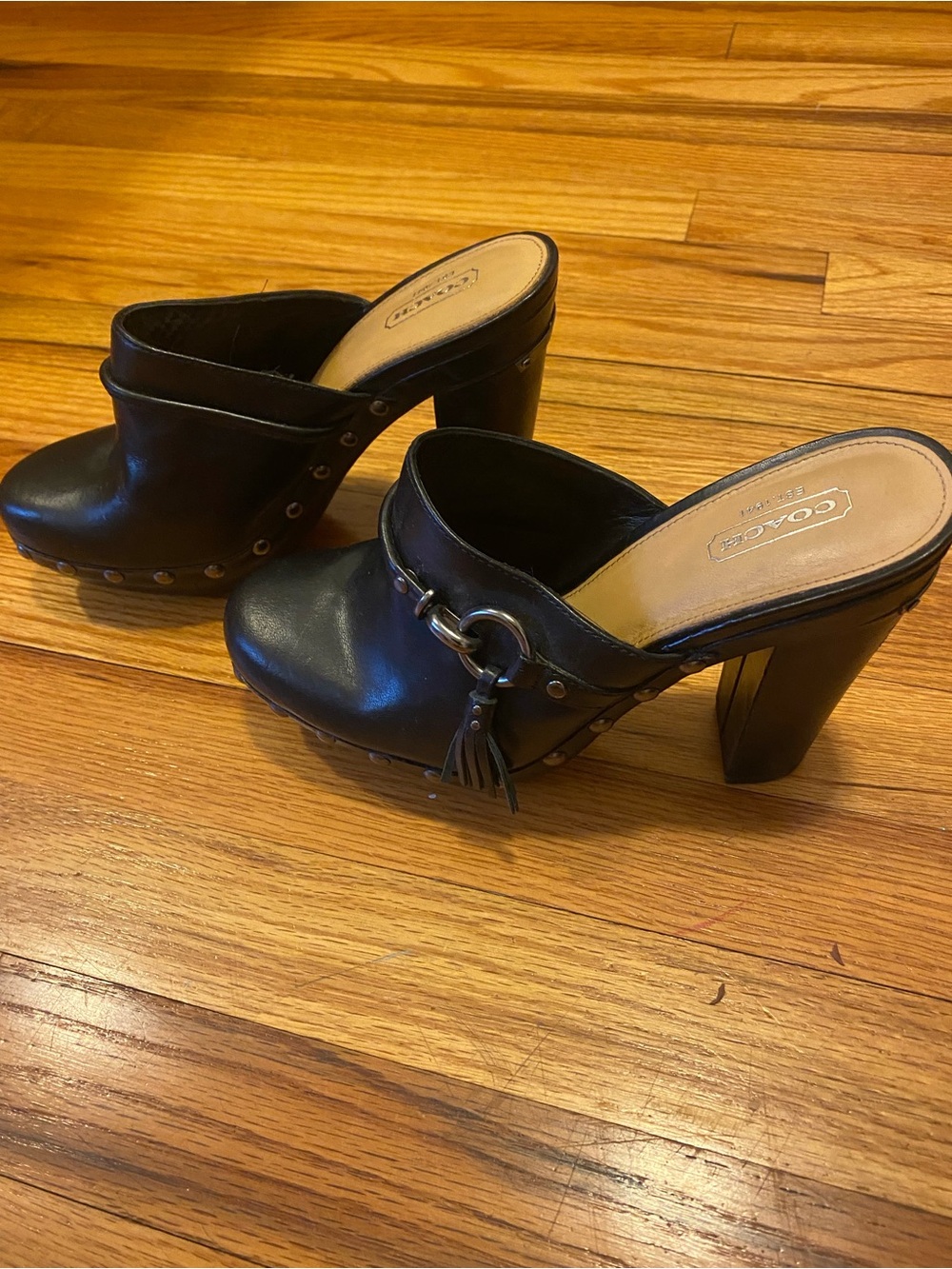 Coach Rana Black Leather High Heel Clog Mules